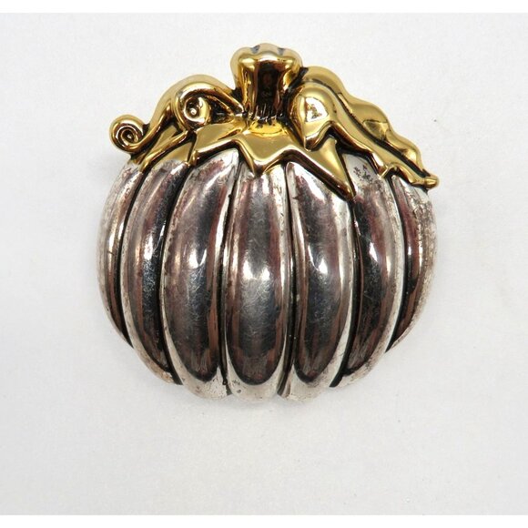 Vintage Best Brooch Pendant 2" Pumpkin Shaped Silver Gold Tone Vintage - Picture 3 of 11